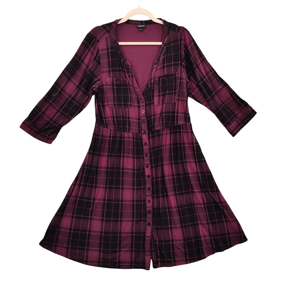 Torrid Women Grunge Dark Academia Plaid Shirt Dress 1X Purple Black Button Front